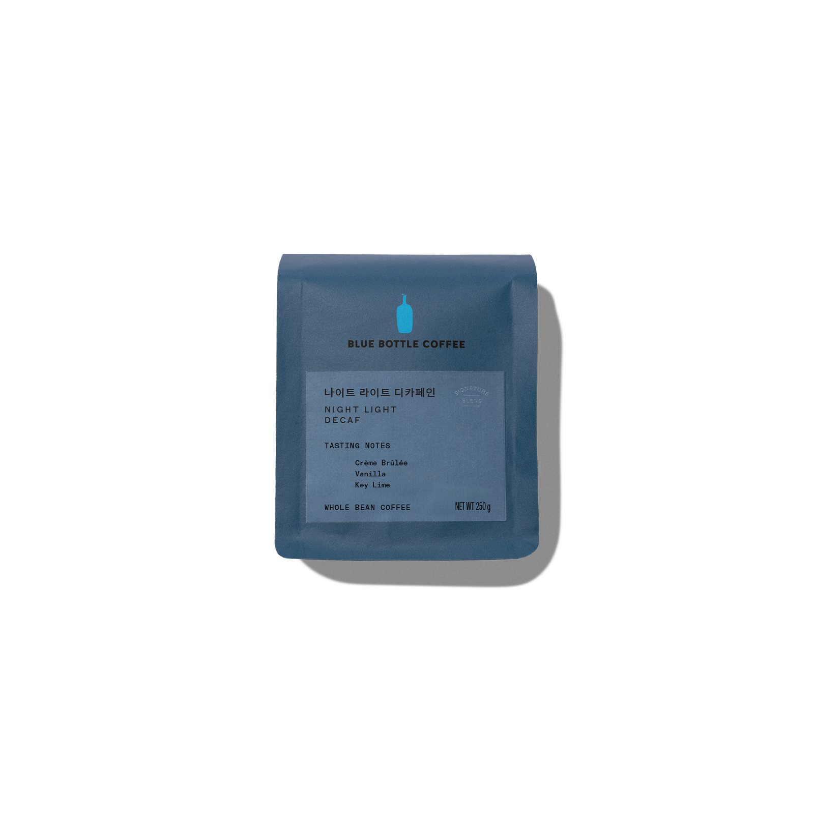 Blue Bottle Night Light Decaf Korean whole-bean pack, shown as identity imagery for the US review